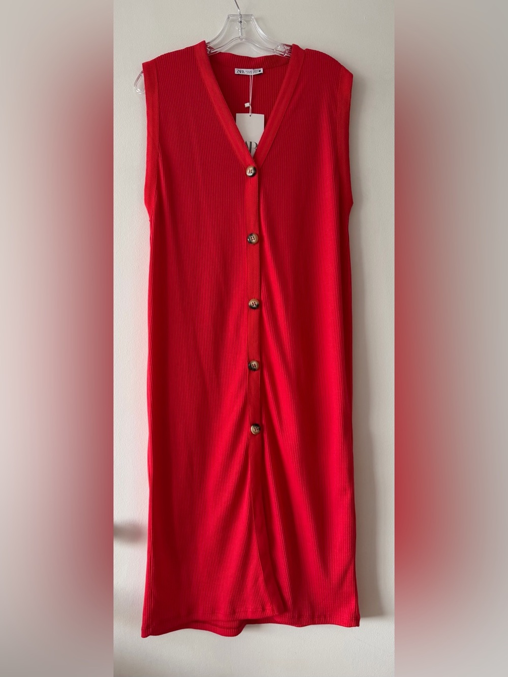 Zara Red Ribbed Knit Button Front Midi Dress Vest Cardigan Tank Dress NWT size M